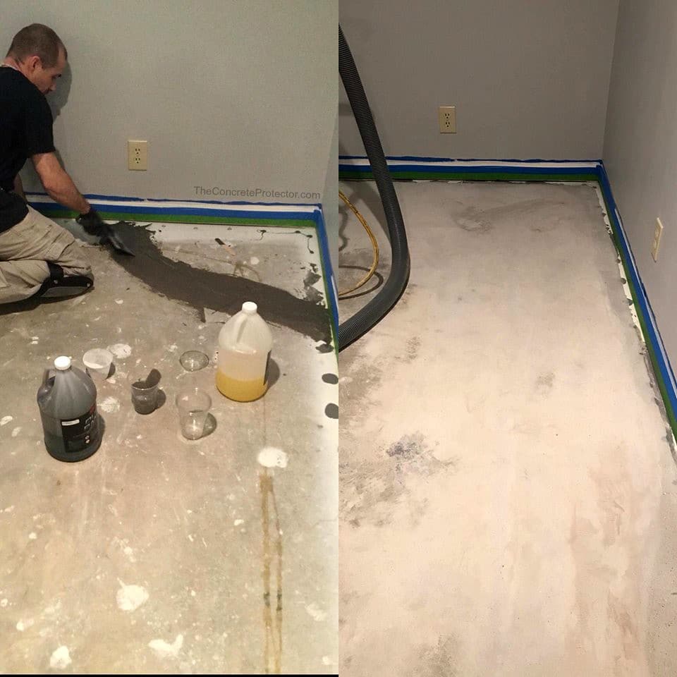 Image of concrete repair work in progress, with workers using tools and materials to restore a damaged concrete surface.