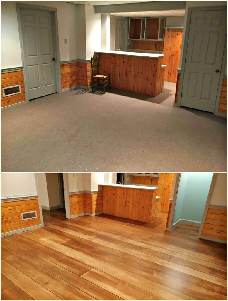 The image shows a close-up view of a Rustic Concrete Wood flooring system installed in a residential or commercial space.