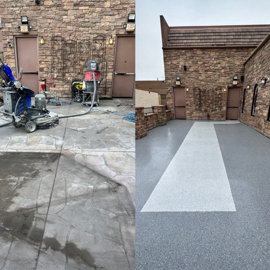 Graniflex Epoxy Flake Balcony with a seamless, speckled surface in shades of beige and brown. The flakes add texture and dimension to the balcony, creating a modern and durable finish.